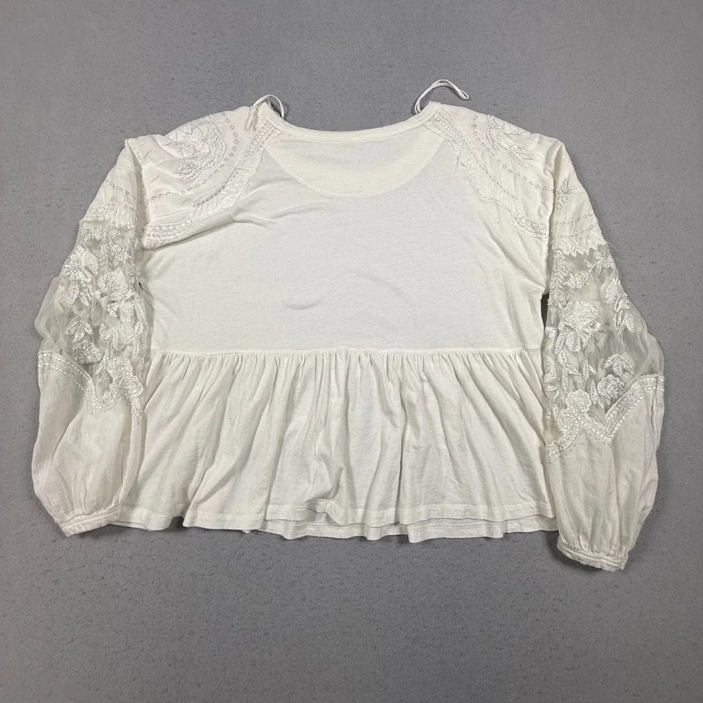 Free People White Lace Embroidered Peplum Long Sleeve Boho Blouse Womens Medium